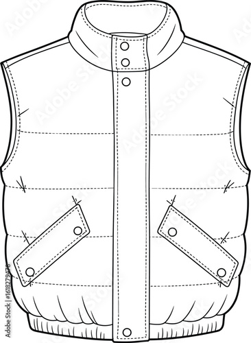Front view technical flat sketch of quilted puffer vest with snap buttons, padded sleeveless jacket design, fashion apparel template