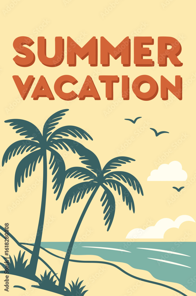 Obraz premium Summer vacation poster with palm trees and ocean illustration