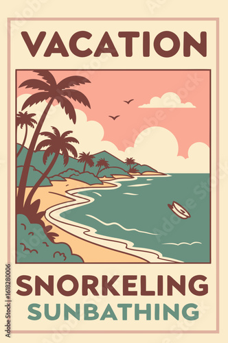 Tropical vacation poster with palm trees, sea, sunbathing and snorkeling activities