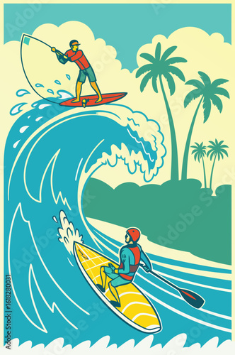 Man Surfing and Paddle Boarding with Wave and Palm Tree