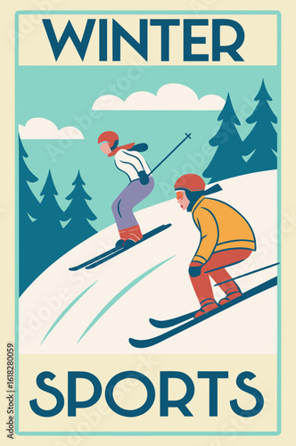 Winter sports graphic with skiers and snow-covered slope