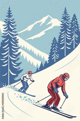 Skiers racing down the snowy slope, vibrant winter sport scene 