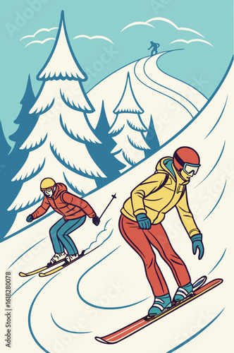 Skiers gliding down a snowy mountain slope on a winter day