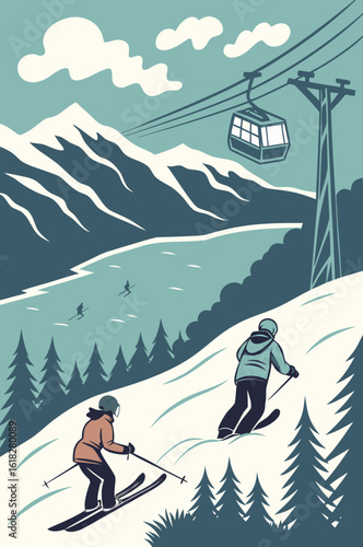 Skiers enjoying winter sports with a mountain landscape and a cable car
