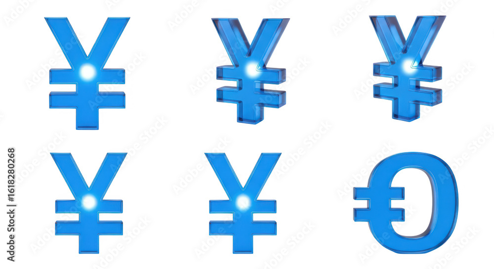 Obraz premium Rendered 3D blue yen/euro currency symbols on white suggesting finance investment and global economy