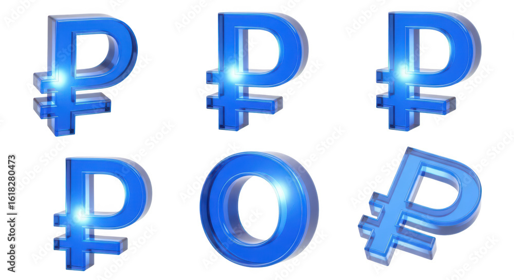 Obraz premium 3D rendered blue Ruble currency symbols in various perspectives on a white background for financial themes stock photography