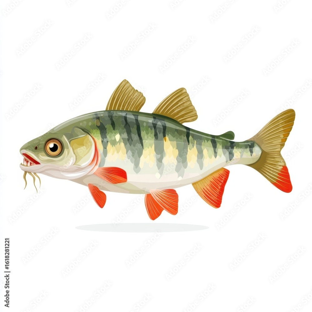 Obraz premium A colorful illustrated fish with sharp teeth and striped fins, isolated on a white background.