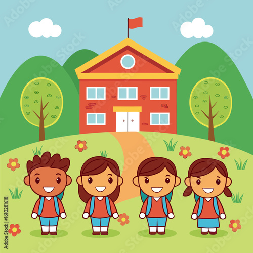 Cheerful cartoon children with backpacks in front of a school building kids