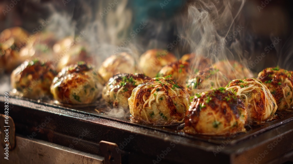 Naklejka premium Takoyaki balls cooking on a traditional takoyaki grill, with golden-brown crispy exteriors and a light steam rising from them