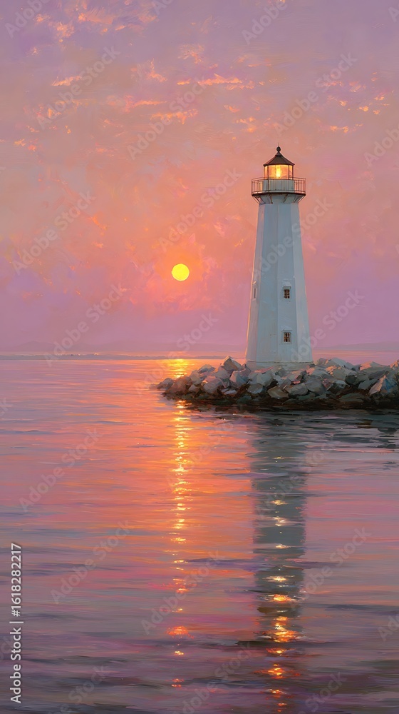 Picturesque Lighthouse Beacon at Sunset over Calm Water with a Beautiful Pastel Sky and Reflections Picturesque Lighthouse Beacon at Sunset over Calm Water with a Beautiful Pastel Sky and Reflections
