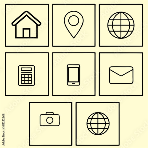 Outline icons for communication and technology on light yellow background house