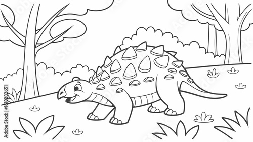 Vector Cartoon funny Ankylosaurus, funny image in the forest, Coloring book page for children. Line Art isolated on white background