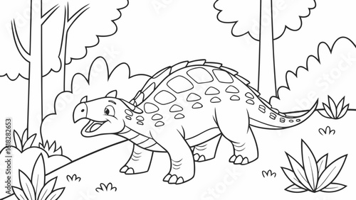 Vector Cartoon funny Ankylosaurus, funny image in the forest, Coloring book page for children. Line Art isolated on white background