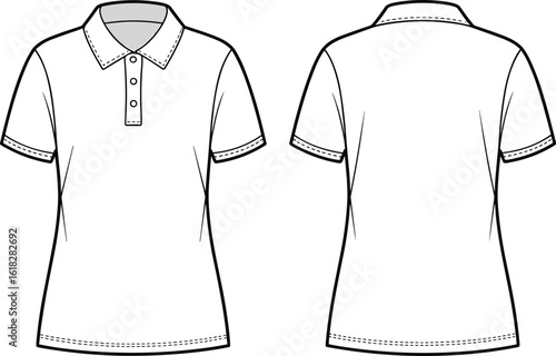 Flat Sketch Polo Shirt for Women, Fashion CAD Design Template with Front and Back View, Technical Vector for Apparel Illustration