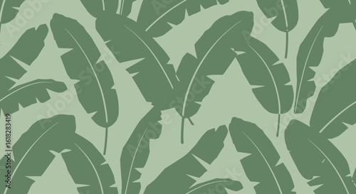 Flat banana leaf paper illustration, organic curves in muted green tones, seamless flat style