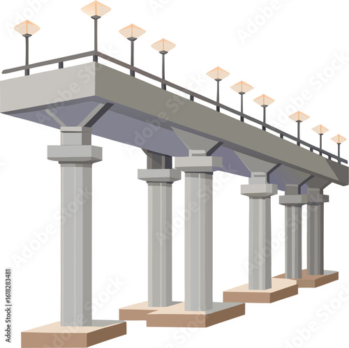 Modern elevated roadway structure with multiple concrete pillars and lighting fixtures isolated