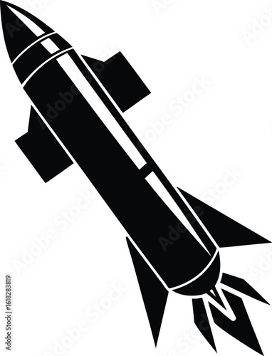 Missile silhouette, rocket icon vector, military projectile graphic, simple bomb shape, flat warhead design