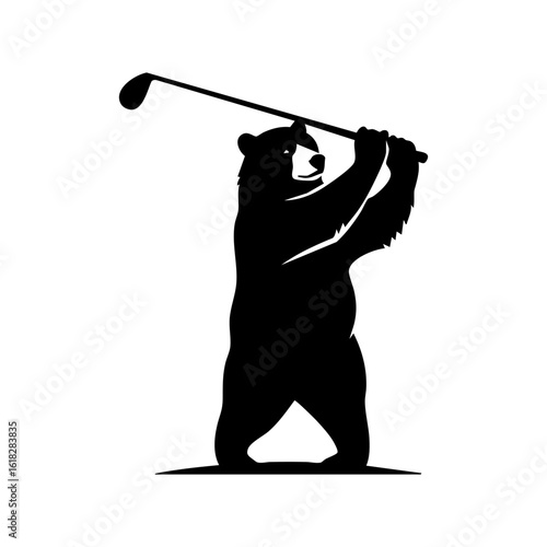 Bear Playing Golf Silhouette - Black White Sports Vector Logo