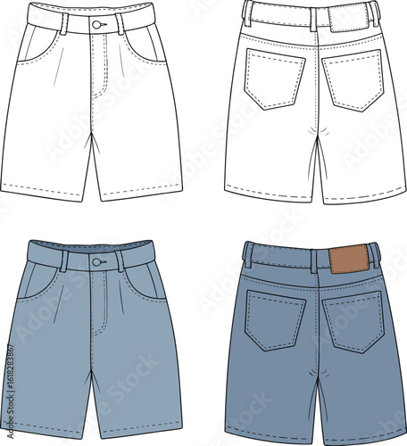 Denim shorts CAD illustration, front and back vector sketch, blue fabric with stitching detail, belt loops, pockets, fashion drawing template