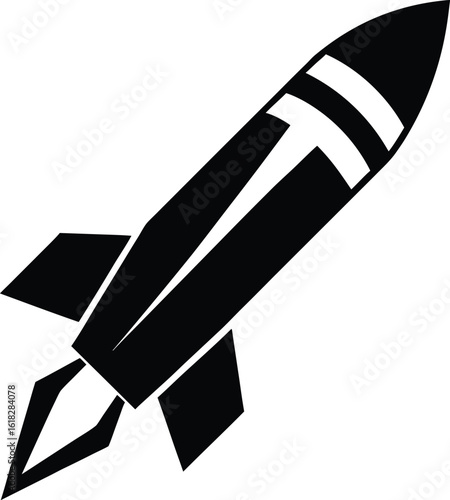 Missile silhouette, rocket icon vector, military projectile graphic, simple bomb shape, flat warhead design