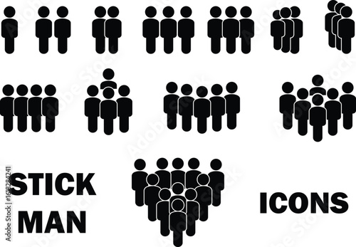 People in Crowd Silhouette Icons, Human Stick Figures, Society and Community Symbols, Men and Women Gathering, Demonstration and Protest Vector, Black Silhouette Figures