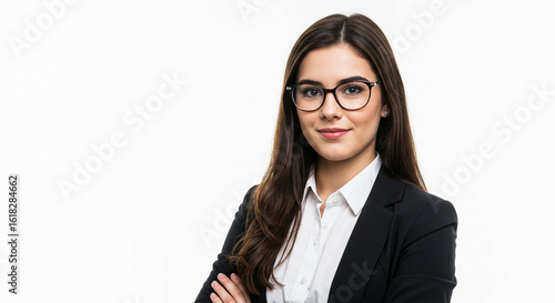 Confident businesswoman with glasses isolated on white background