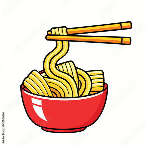 Red bowl with yellow noodles and chopsticks vector