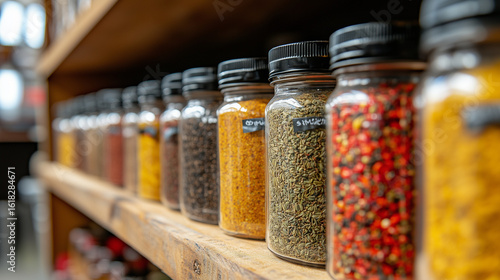Assorted jars filled with vibrant spices are neatly arranged on a rustic wooden shelf, showcasing a variety of colors and textures, enhancing culinary creativity and flavor exploration
