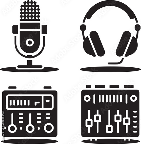 Four black music production equipment icons including a microphone headphones audio interface and mixing console in a clean silhouette style