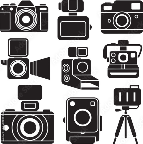 Collection of nine distinct camera icons in a black silhouette style showcasing various photographic equipment and accessories for creative visual representation