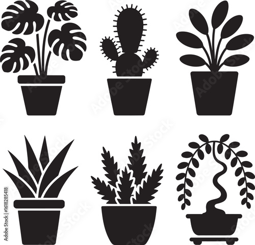 Collection of six distinct potted houseplant silhouettes in a clean graphic design style for decorative purposes silhouette
