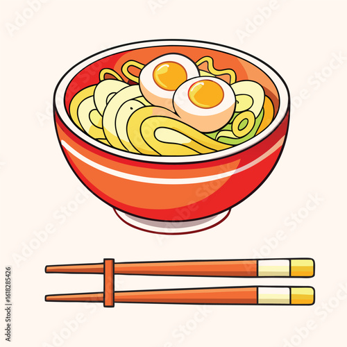 Orange bowl of ramen noodles with eggs and chopsticks vector