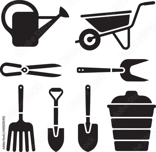 Collection of garden tools including a watering can wheelbarrow pruning shears spade fork trowel and trash bin in a clean black silhouette style