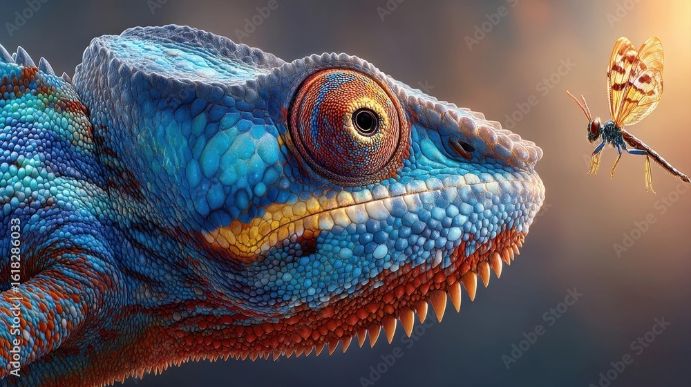 Obraz premium A close-up of a vibrant blue chameleon with textured scales facing a small butterfly in mid-air.