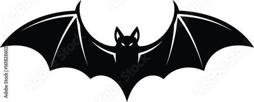 A stylized black silhouette of a bat with its wings spread wide, featuring pointed ears and menacing white eyes.