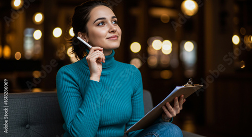 A woman thoughtfully holds a pen and clipboard