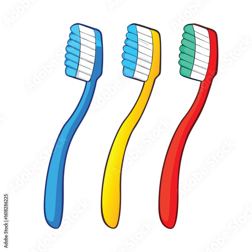 Blue yellow red toothbrushes with white bristles vector