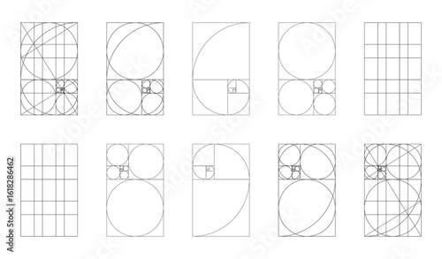Golden ratio template big set. Method golden section samples. Fibonacci array, numbers forms. Harmony proportions black frames. Outline graphic thin illustration on white background.