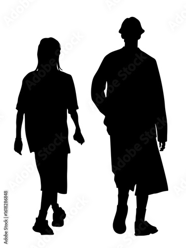 Silhouette of young couple man and woman in shorts walking away. Back view. Black items isolated on white background.