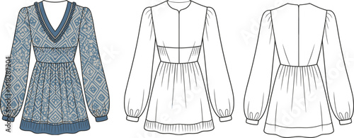 Flared tunic dress CAD illustration, puff sleeves, ribbed neckline and hem, blue geometric floral pattern, front back fashion vector sketch
