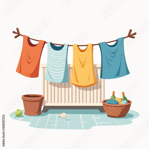 Laundry drying near radiator with colorful shirts hanging on a line. Laundry setup features vibrant clothing draped over radiator, alongside basket of cleaning supplies and potted plant.