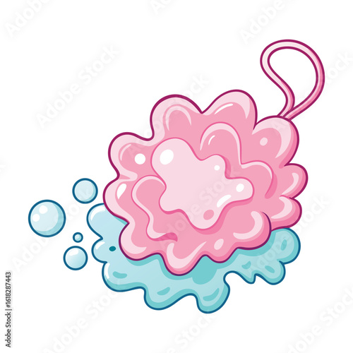 Pink bath pouf with blue bubbles and water scrub loofah