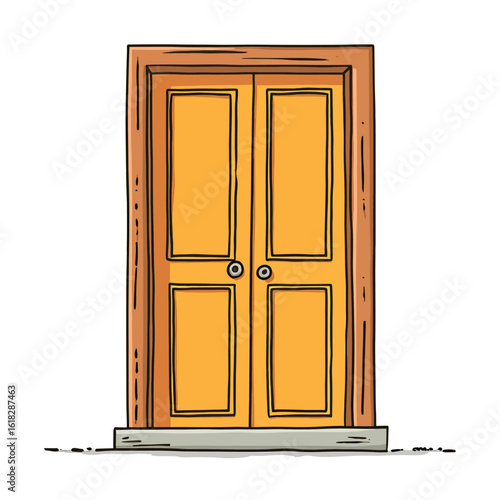 A simple, hand-drawn illustration of a classic yellow double door with a frame, symbolizing a new beginning, an opportunity, or a welcoming home entrance.
