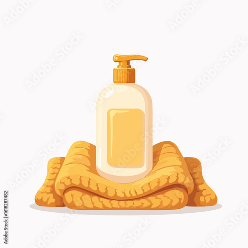 Moisturizing lotion bottle on knitted towel for spa and relaxation. Lotion bottle features simple design placed elegantly on soft towel, ideal for skincare routines and spa treatments.