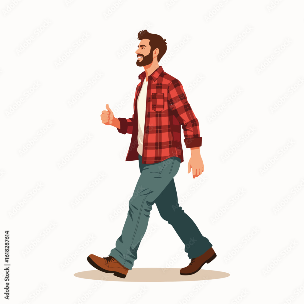Naklejka premium Man in flannel shirt walking with confident stride, showcasing casual style and relaxed demeanor. Flannel shirt exudes comfort while walking in fresh air,