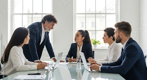 Diverse business team in a meeting with a senior leader discussing strategies and objectives for