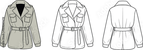 Gray belted jacket CAD sketch, front and back views, fashion flat illustration with buckle belt, flap pockets, collar and sleeves