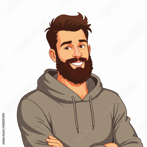 Man with full beard in hoodie smiles with arms crossed, presenting a casual yet confident demeanor. Man with full beard in hoodie suggests approachable warmth.