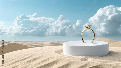 Stunning gold diamond ring glittering on stand in desert against blue sky makes you dream of love