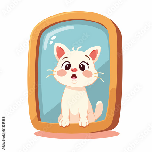 Mirror showing tired reflection of a cartoon cat in cartoon frame, surprised by its own appearance. Mirror showing tired reflection after a long day playing,